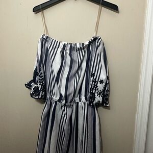 Striped Off-Shoulder Dress with Embroidered Sleeves